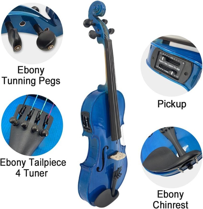 ModouString Electric Violin 4/4 full Size 4 string Acoustic Violin Spruce Maple Ebony Wood with Case, Bow Handmade for Beginners, Students, Professionals (Blue) - Image 3